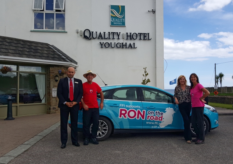 Heart Transplant recipient of 17 years, Ron Cummins,  at the Quality Hotel in Youghal, on his attempt to walk Irelands Coastline of 2,500 km to raise donor awareness and funds for the Irish Heart & Lung Transplant Association. Left to Right. Miro Jezovica, QHY. Ron Cummins. Therese Donnelly QHY and Carol Brennan
